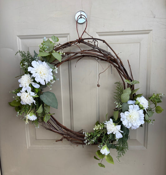 White Mum Grapevine Wreath - 18" Natural Door Wreath for Front Door