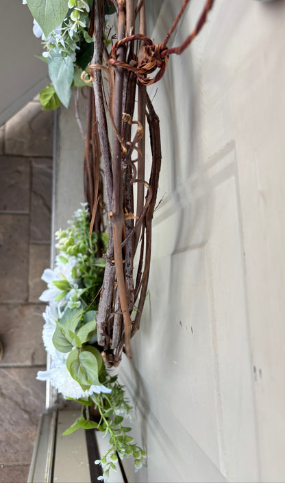 White Mum Grapevine Wreath - 18" Natural Door Wreath for Front Door