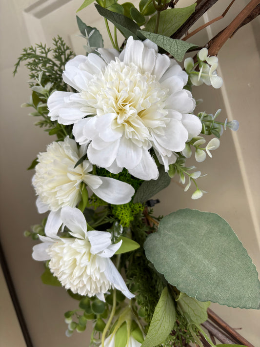 White Mum Grapevine Wreath - 18" Natural Door Wreath for Front Door