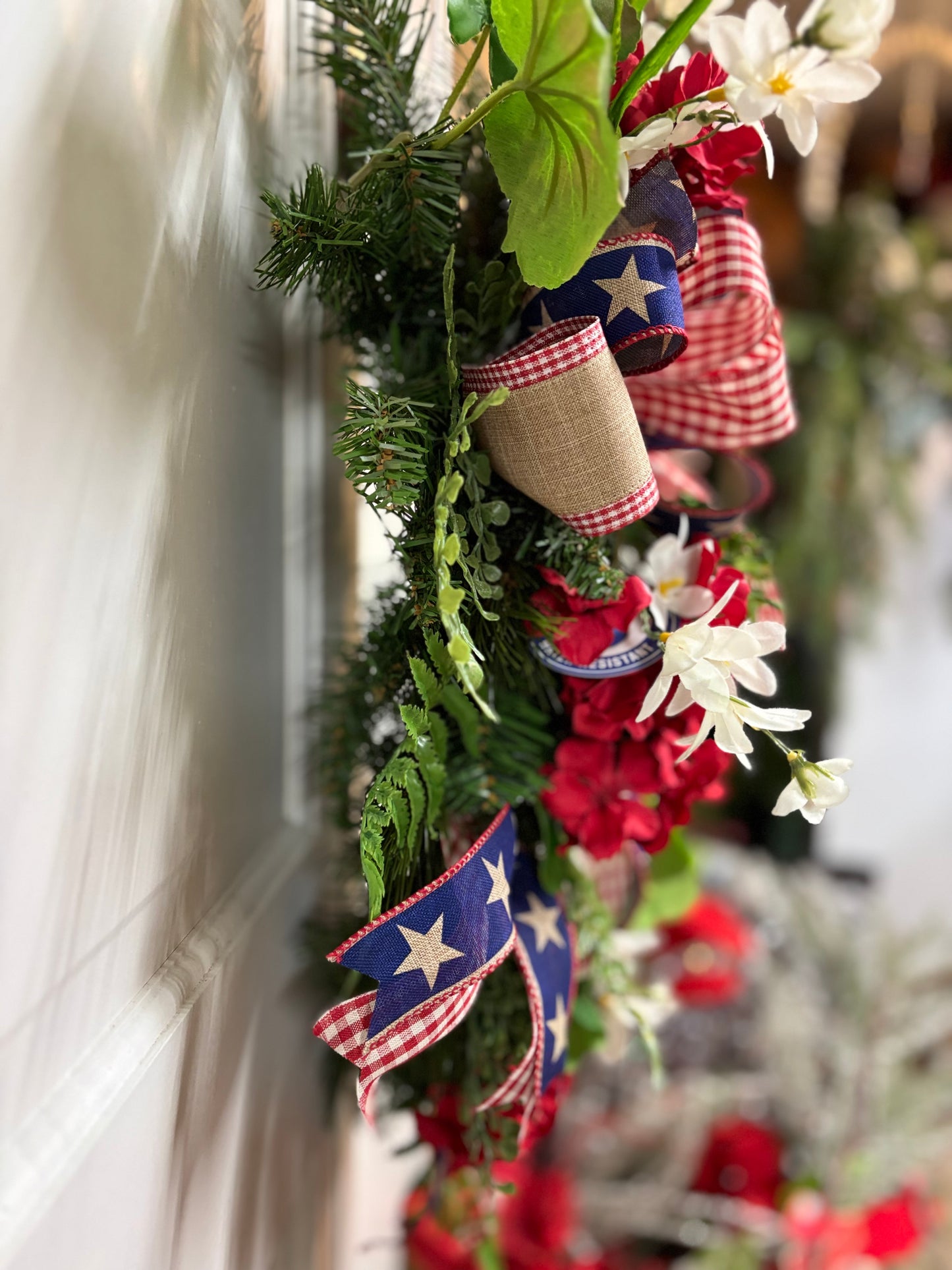25" Red White Blue Patriotic Geranium Teardrop Door Swag