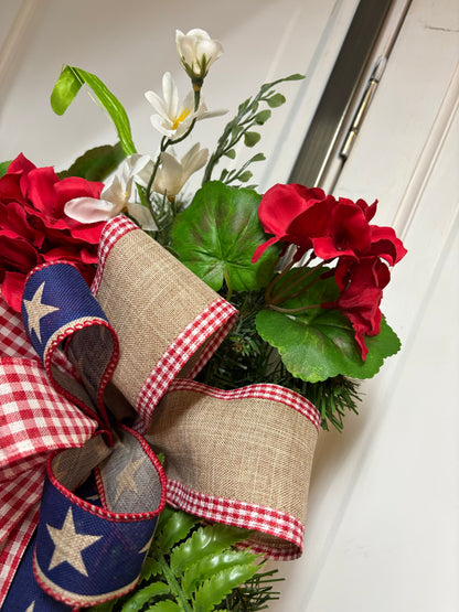 25" Red White Blue Patriotic Geranium Teardrop Door Swag