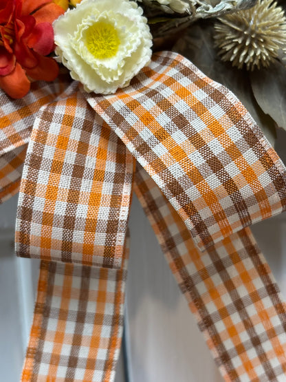 Woven Pumpkin Door Hanger with Gingham Bow - 15" Fall Harvest Decor